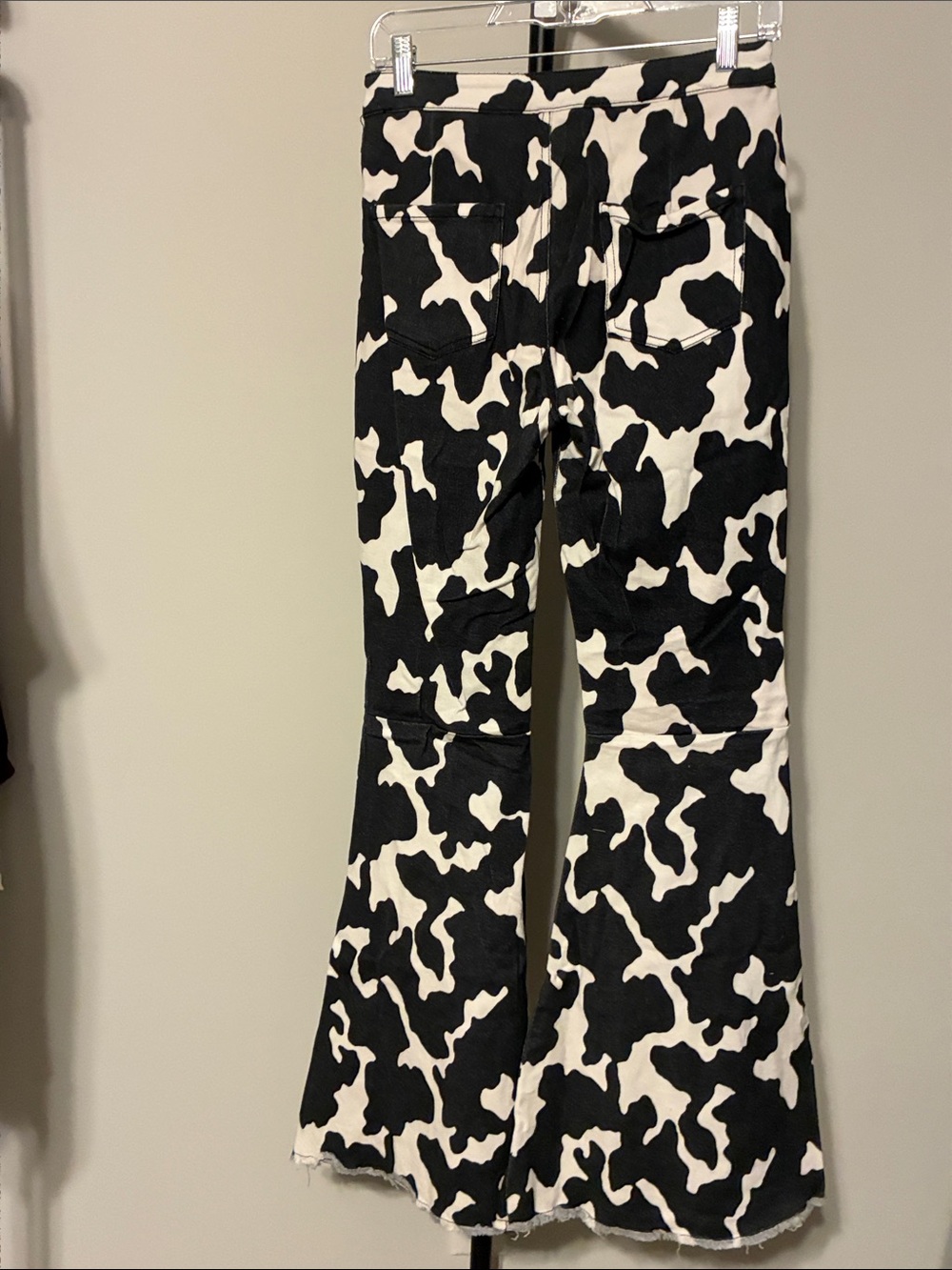 Peach Love Cow Print Flare Jeans Black White Western Bell Bottom Stretchy Small - Picture 4 of 6